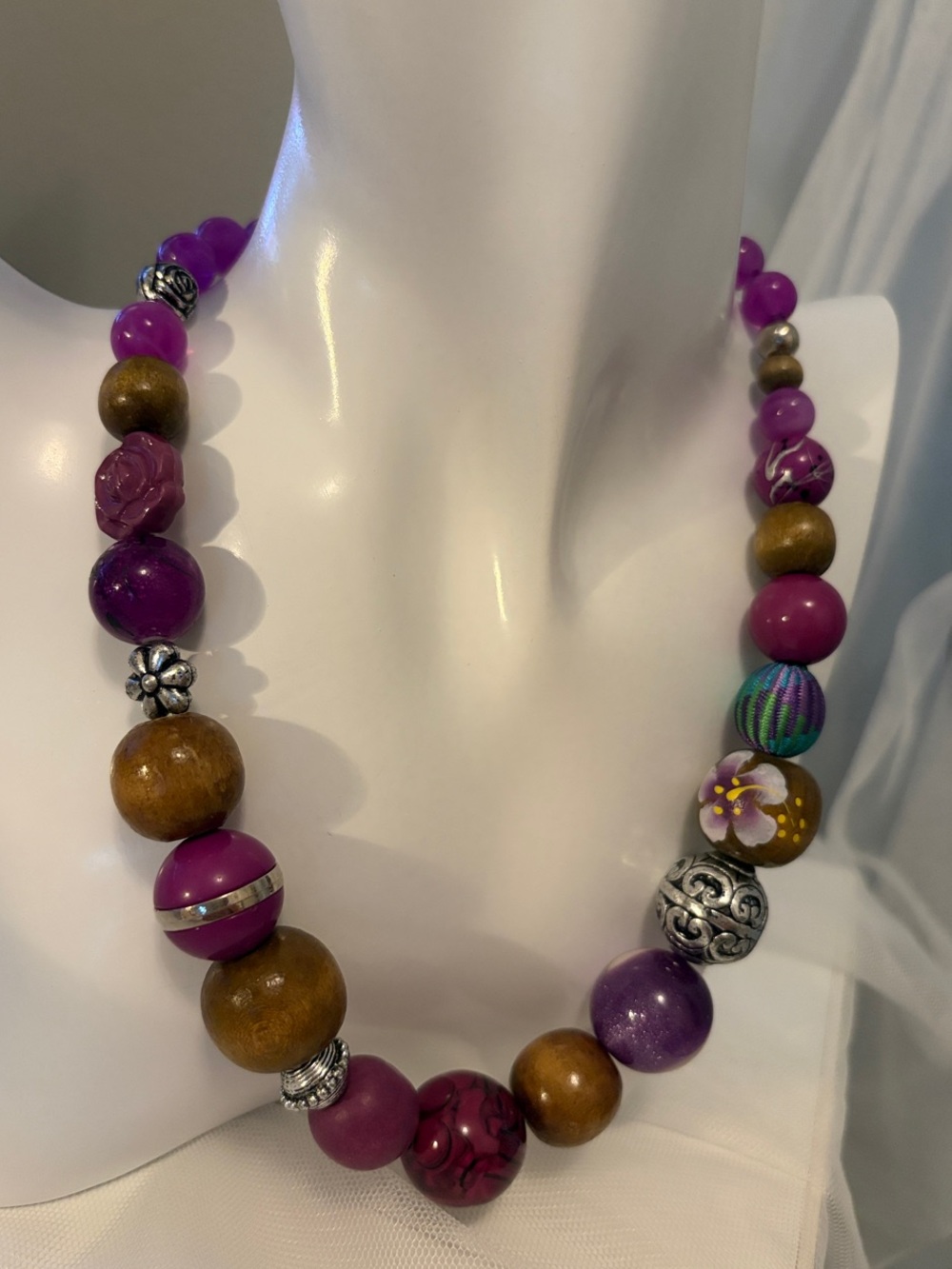 Boho Purple and Wood Beaded Statement Necklace